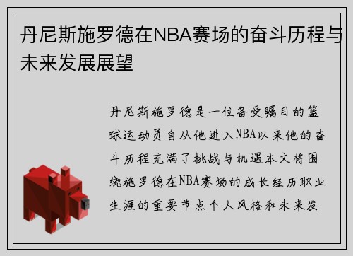 丹尼斯施罗德在NBA赛场的奋斗历程与未来发展展望